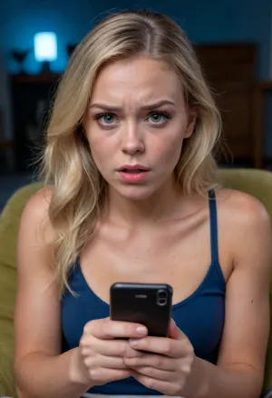 UHD 8K, (shy Christian girl sitting in an armchair and staring at her phone), (it is dark and her face is illuminated by the blue light her smartphone), (she is shocked and disgusted as she discovers that someone posted deepfakes of her on the Internet), (horror-struck), (night time), (her mouth is wide open in shock), (she is frowning), (she is extremely taken aback), (her gaze is locked her phone's screen), (realistic proportions), (perfect hands), surprised, look, girl, (girl frowning in disgust:1.5), (shocked:1.2), (hot chick:1.2), (northern European:1.2), (dirty blonde:1.2), (tanned), (freckles:1.1), (Swedish fitness girl:1.2), (disappointed expression:1.5), (big tits)