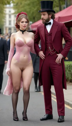 Victorian era, boulevard, passers-by in suits, a beautiful busty woman in a burgundy Victorian riding costume, no bottom, no panties, a black hat with a veil on her head, stands on the boulevard with her knees wide apart, she pees, a man in a Victorian suit who passed by raised his hat, greeting a woman, ((very hairy natural pussy:1.5)), neckline, clothes