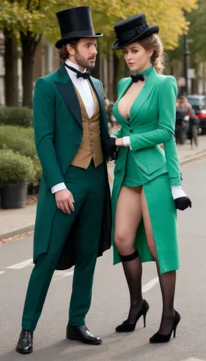 Victorian era, boulevard, passers-by in suits, a beautiful busty woman in a green Victorian riding costume, no bottom, no panties, a black hat with a veil on her head, stands on the boulevard, knees wide apart, she pees, a man in a Victorian suit passes by, greeting a woman, raised his hat, ((very hairy natural pussy:1.5)), neckline, clothes, <lora:pytorch_lora_weights:1>
