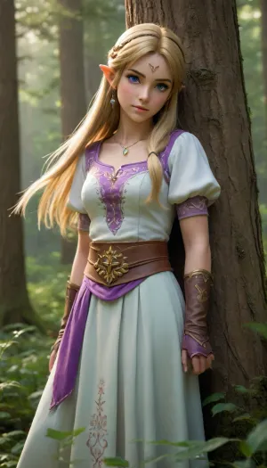 **Prompt, **

Photorealistic, live action, "Create a breathtaking live-action scene of a tender and intimate love moment between two women, Zelda and Link, set in the world of *The Legend of Zelda*. The setting is a magical, enchanted forest at dusk, bathed in soft, golden twilight. The light filters through the towering trees, casting a warm glow that reflects off their faces and gently illuminates the intricate details of their clothing.

Link, portrayed as a courageous woman with long, flowing brown hair, is dressed in her iconic green tunic, adorned with a leather belt, and sturdy boots. Her piercing blue eyes radiate a depth of love and vulnerability as she gazes lovingly at Zelda. Her stance is gentle but strong, with one hand resting on Zelda’s shoulder, the other holding the Hylian shield in a relaxed grip, symbolizing both her protector nature and her gentle side.

Zelda, envisioned as a regal and graceful woman with platinum blonde hair, wears an elegant, flowing gown of white and purple with golden embroidery. Her eyes, a deep shade of blue, meet Link’s with an expression of deep affection and trust. She reaches up to lightly touch Link’s face, her fingers brushing across her cheek with the tenderest of gestures, speaking volumes about the deep emotional connection they share.

The surrounding forest is alive with the sounds of nature, but there’s a stillness that surrounds the two of them. Vivid wildflowers bloom at their feet, their vibrant colors contrasting with the lush greenery of the forest. In the distance, the faint outline of Hyrule Castle can be seen through the trees, symbolizing their shared past and the strength of their bond. Their closeness speaks of a deep, unspoken love, a bond that transcends the challenges of their world. They stand together in this serene moment, the weight of their shared journey behind them, basking in the peace of simply being in each other's presence. Their gazes remain locked, each looking at the other as though they are the only person in the world. *The lighting is soft and ethereal, casting warm, golden tones over their faces and creating a magical, dreamlike quality to the scene, highlighting the intensity of their connection and the beauty of their shared love.*"