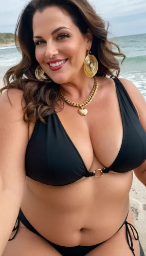 sexy mature, sexy 50 years old, dark brunette hair, long wave hair, glamour, big hoop earrings, necklace, wide shoulder, thick body, curvy, very tall, black bikini, gold necklace, looking at the camera, charming, very fat ssbbw, very hot and horny, sexy flirting big smile face, at the beach, seated, selfie, she is in love