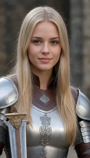 frontview of an girl knight, Blonde Hair, Oiled Skin, 18+, perfect beautiful slim scandinavian woman, smirking face, tanned skin, oiled skin, perfect small round breast and small rounded ass, wet skin, very long blonde hair, ((long hair:1.5)), ((wearing detailed full knight armor and a long old sword with detailed runes))