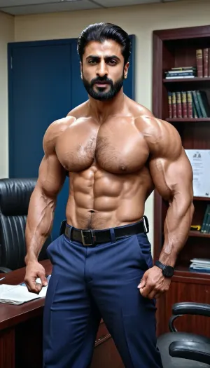 'Afzal Khan', A very handsome Muscular ripped Pakistani Police Officer working out in his Office, Married Muslim hunk, hairy Chest and armpits, sexually frustrated, bodybuilder, Big Office Shoes, professional photography, sharp focus, 4k high definition, insanely detailed, RAW photo, HDR, hyper-realistic, dark lighting, photo realism