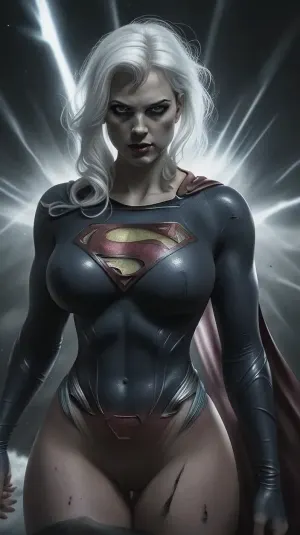 Dark gloomy space. Fog. Superman. Big breasts, rounded ass, white eyes.tatto on breasts.white hair. Torn.