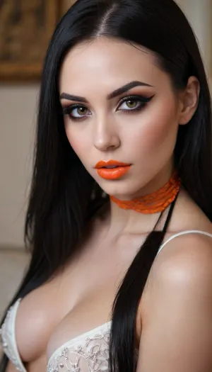 beautiful russian girl bimbo, straight long black hair, two orange strands, smoky eyes, very bright makeup, bright lipstick, kisses beautiful female knee, close-up, real photo, high detail, features of female body, 8k