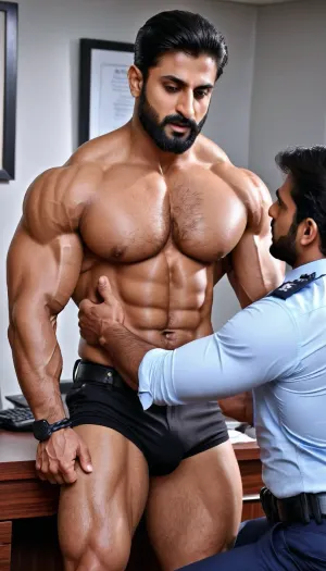 'Afzal Khan', A very handsome Muscular Pakistani Police Officer forcefully doing sex with a gorgeous girl inside the Office, Married Muslim hunk, hairy Chest and armpits, sexually frustrated, bodybuilder, professional photography, sharp focus, 4k high definition, insanely detailed, RAW photo, HDR, hyper-realistic, dark lighting, photo realism