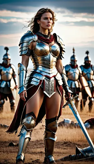 fullcolor image, 8K quality, a beautiful sexy woman, a warrior in armor, stands on the battlefield among the dead, full body in frame, side viev