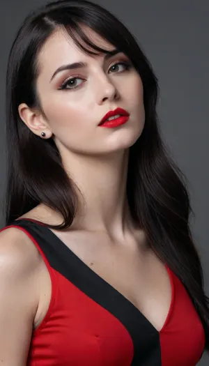 GIRL, BEAUTIFUL, RUSSIAN, SPORTY FIGURE, BLACK AND WHITE WITH COLOR, (GUCCI BANDO TOP, BRIGHT RED), SIDE VIEW, DEEP CUT NECKLINE, LONG STRAIGHT BLACK HAIR, (BLACKENED PEARL COLOR), RED LIPSTICK, CLOSE UP, FOCUS ON EYES, NOIR STYLE, FASHION EDITORIAL, STUDIO PHOTOGRAPHY, REALISTIC, XF IQ 4, 150 MP, 50 MM, ISO 200, 1/160 S