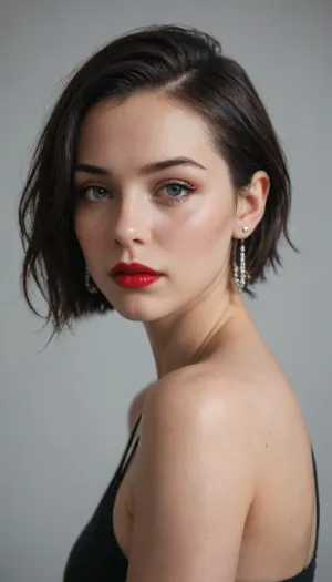 GIRL, BEAUTIFUL, RUSSIAN, SPORTY FIGURE, BLACK AND WHITE WITH COLOR, (GUCCI BANDO TOP, BRIGHT RED), SIDE VIEW, DEEP CUT NECKLINE, LONG STRAIGHT BLACK HAIR, (BLACKENED PEARL COLOR), RED LIPSTICK, CLOSE UP, FOCUS ON EYES, NOIR STYLE, FASHION EDITORIAL, STUDIO PHOTOGRAPHY, REALISTIC, XF IQ 4, 150 MP, 50 MM, ISO 200, 1/160 S