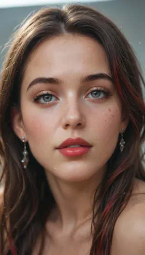 beatiful brunette, plump Red lips, long hair, sparkling face, diamond highlights, glitter on her face, water droplets sparkle around, high resolution, detail