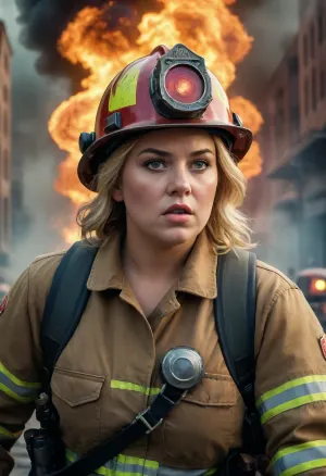 GLAMOUR APOCALYPSE FILM POSTER, FAT WOMEN FIREFIGHTER, IN THE STYLE OF EPIC MOVEMENT, ANGRY, HUNGRY, DYNAMIC COMPOSITION, CINEMATIC COLOR GRADING, STUNNING, PHOTOREALISTIC, CHAOTIC ACTION, INTENSE EMOTION.