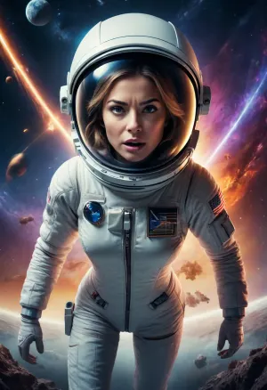 GLAMOUR SPACE FILM POSTER, WOMEN ASTRONAUT, IN THE STYLE OF EPIC MOVEMENT, ANGRY, HUNGRY, DYNAMIC COMPOSITION, CINEMATIC COLOR GRADING, STUNNING, PHOTOREALISTIC, CHAOTIC ACTION, INTENSE EMOTION.