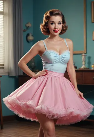 GLAMOUR PINUP FILM POSTER, 50s, WOMEN IN PETTICOAT, IN THE STYLE OF EPIC MOVEMENT, HAPPY, DYNAMIC COMPOSITION, CINEMATIC COLOR GRADING, STUNNING, PHOTOREALISTIC, SEDUCTION POSING.