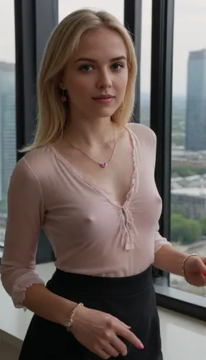 Brie: a braless beauty in the skyscraper's glossy mirror - a tale of style and confidence