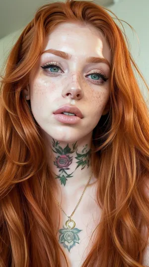 20 year old Woman, Incredibly beautiful, long ginger hair, messy hair, light green eyes, big eyes, camera focused on her neck amd face, lots of freckles on her face, juicy lips, licking her lips, lips, open mouth, tattoos on her neck, rose tattoos on her cheeks, pierced nose, gold jewelry, half closed eyes, lust full look, lusty eyes, long eyelashes lashes, ginger, <lora:ginger_v03:.5>, AM296_Ginger_Maxx, bttrfrckl