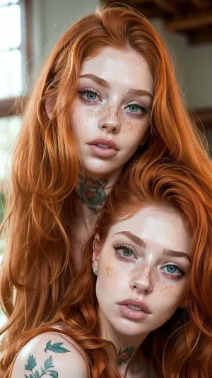20 year old Woman, Incredibly beautiful, long ginger hair, messy hair, light green eyes, big eyes, camera focused on her neck amd face, lots of freckles on her face, juicy lips, licking her lips, lips, open mouth, tattoos on her neck, rose tattoos on her cheeks, pierced nose, gold jewelry, half closed eyes, lust full look, lusty eyes, long eyelashes lashes, ginger, <lora:ginger_v03:.5>, AM296_Ginger_Maxx, bttrfrckl