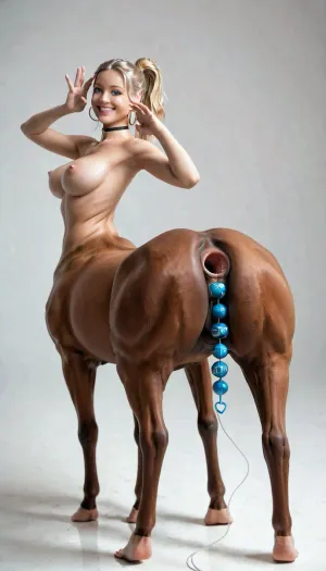 Humantaur, centaur body with human legs, side view, standing sideways, oversized anal beads, gaping asshole, full body view, looking at viewer, huge ass, Huge Tits, Small waist and Thick legs, 25 years old, Tall, blonde ponytail, pink lipsitick, wearing Leggins, fake huge lips, Pale/fair skin, Choker around her neck. blue eyes, sexy smile, smile, better eyes, perfect eye, Iphone pro 15 camera quality. Full portrait, No makeup, warm smile, pornstar pose, breasts, big, boobs, huge, tits, Back yard, looking up, bad, X, centaur, female, brown, horse, tail, up, from, below, humantaur, second, human, body, four, legs, feet, <lora:bombshell_v2:.6>, <lora:centaurs_042_merge_sdxl:.4>, <lora:humantaurs_02_20_merge_sdxl:1>