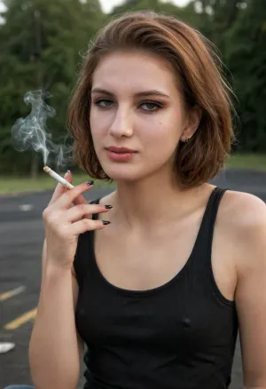 A trashy goth, smiling 18 year old woman with short, auburn hair gives a handjob wearing a black thong in a dark parking lot., (((Smoking a cigarette))), ((runny mascara:1.3)), wearing a black Marilyn Manson tank top. She also wears a dainty silver necklace with a small pentagram pendant resting just above her collarbone., braces, smokinglora, braless, Wearing, clothes, that, make, sense, with, Braless>, Detailed, natural, skin, and, blemishes, without-makeup, acne, <lora:braces-sdxl:1>, <lora:smoking_v2:.7>, <lora:bralessSDXL_v1_00022:.6>, <lora:skin_4-000015:.5>, <lora:315758_training_data:.8>