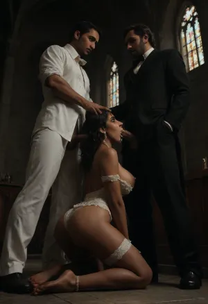 Two men, one woman., (Indian:1.6), woman, 20 years, Instagram model, cute face, ravishing body, toned, round firm breasts, big areolae and nipples, firm ass, hairless pussy., bridal sari, bridal lingerie, kneeling, wrists tied to ankles, deepthoat blowjob, gagging, saliva drooling, cum in mouth., First Man, African male, 50 years, grey hair, priest, wearing robe, thick penis, grabbing her head and roughly fucking her mouth., Second man, Indian male, 25 years, groom of bride, tuxedo suit, head down, dejected., church., low three-point angle, full view, ultra HD, high quality., blacked, cover, blackedwear, ass, breasts, G0th1c, church, south, indian, bengali, bridal, look, <lora:dark:.5>, <lora:BLACKED_girls:.5>, <lora:G0th1c_church:.5>, <lora:1476432_training_data:.5>, <lora:lora (9):.5>