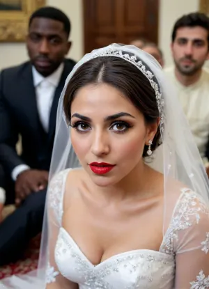 bukkake, cumshot on bride, cum on body, cumshot in her eyes, ruined makeup, cum on her lips, red lips, cum on face, cum everywhere, a close up image of Iranian bride face in a sexy and erotic and elegance white plastic sheer transparent wedding dress, sitting on the ground, in the middle of a group of black men, sad face, black men are happy. in the palace, high quality, great detail.