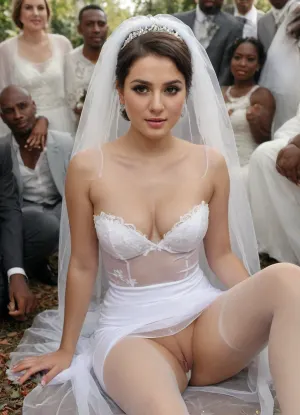 a close up image of Iranian curvy bride face in a sexy and erotic and elegance white plastic sheer transparent wedding dress, sitting on the ground, in the middle of a group of black men, sad face, black men are happy., (short, hair:1.7), (white, bridal, dress, veil:1.5), RealWhiteFFStocking, <lora:RealWhiteFFStocking_XL:.7>