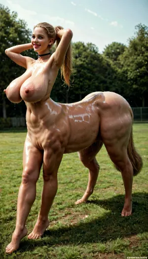 humantaur, side view, lush horse tail, standing sideways, full body view, massive sagging tits, looking at viewer, squeezing breasts tpgether, huge ass, Huge Tits, Small waist and Thick legs, 25 years old, Tall, blonde ponytail, pink lipsitick, wearing Leggins, fake huge lips, oiled skin, Choker around her neck. blue eyes, sexy smile, smile, better eyes, perfect eye, warm smile, pornstar pose, in a backyard, looking up, second, human, four, legs, feet, sagging, breasts, Atomictits, <lora:humantaurs_02_20_merge_sdxl:1>, <lora:sagging-000015:1.3>, <lora:AtomictitsXL:.4>