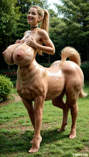 humantaur, side view, lush horse tail, standing sideways, full body view, massive sagging tits, looking at viewer, hands squeezing breasts tpgether, huge ass, Huge Tits, Small waist and Thick legs, 25 years old, Tall, blonde ponytail, pink lipsitick, wearing Leggins, fake huge lips, oiled skin, Choker around her neck. blue eyes, sexy smile, smile, better eyes, perfect eye, warm smile, pornstar pose, in a backyard, looking up, second, human, four, legs, feet, sagging, breasts, Atomictits, <lora:humantaurs_02_20_merge_sdxl:1>, <lora:sagging-000015:1.3>, <lora:AtomictitsXL:.4>