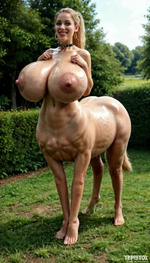 humantaur, side view, lush horse tail, standing sideways, full body view, massive sagging tits, hyper sagging breasts, looking at viewer, hands squeezing breasts tpgether, huge ass, Huge Tits, Small waist and Thick legs, 25 years old, Tall, blonde ponytail, pink lipsitick, wearing Leggins, fake huge lips, oiled skin, Choker around her neck. blue eyes, sexy smile, smile, better eyes, perfect eye, warm smile, pornstar pose, in a backyard, looking up, second, human, four, legs, feet, sagging, breasts, Atomictits, <lora:humantaurs_02_20_merge_sdxl:1>, <lora:sagging-000015:1.3>, <lora:AtomictitsXL:.4>