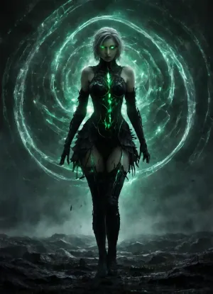 Full length, body shot, Sylvina, (AFK_Journey), young woman, gray skin, slight tan, corpse like complexion, pale green hair, straight hair, short hair, bright green glowing eyes, thin arms, thin silver gauntlets, thin legs, ripped up tights, silver boot armor, streaked hair, no makeup, dark green scarf, sleeveless dress with short frilly skirt, armor skirt, holding two silver daggers, glowing green daggers, in a field, pale green fog, standing, one leg in front of the other, large dark green horns, horns go straight up, dark green dress, rib like pattern, bright green frill, pale, skin, novuschroma, style, hkdeath, DonMD34thM4g1cXL, Rainbowiridal, Spiral, rainbowiridal, eyes, palette, Shiny..., Bright..., Intense, gaze, Fire, dragon, Amber, cat, Anthro..., woman, Genetically, modified..., <lora:Pale_Skin_SDXL_v1.0:1.5>, <lora:107_novuschromaSXL_a5:1>, <lora:LivingDeathXL:1>, <lora:DonMD34thM4g1cXL_v3.0-000015:1.5>, <lora:Stunning_eyes_2:1.5>