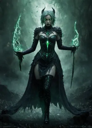 Full length, body shot, Sylvina, (AFK_Journey), young woman, pale tan skin, corpse like complexion, pale green hair, straight hair, short hair, bright green glowing eyes, thin arms, silver gauntlets, thin legs, ripped up tights, silver boot armor, streaked hair, no makeup, dark green scarf, dress with short frilly skirt, armor skirt, holding two daggers, glowing green daggers, in a field, pale green fog, standing, one leg in front of the other, large dark green horns, horns go straight up, dark green dress, upper arms are bare, bare shoulders, rib like pattern, bright green frill, pale, skin, novuschroma, style, hkdeath, DonMD34thM4g1cXL, Rainbowiridal, Spiral, rainbowiridal, eyes, palette, Shiny..., Bright..., Intense, gaze, Fire, dragon, Amber, cat, Anthro..., woman, Genetically, modified..., <lora:Pale_Skin_SDXL_v1.0:1.5>, <lora:107_novuschromaSXL_a5:1>, <lora:LivingDeathXL:1>, <lora:DonMD34thM4g1cXL_v3.0-000015:1>, <lora:Stunning_eyes_2:1.5>