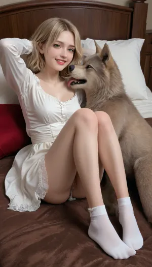 High detail, professional photo, RAW, 4K, best quality, (side view), (waist shot:1.2), a woman lying on a pillow, blonde hair, medium length hair, (long legs:1.3), excited, happy, medieval bedroom, simple background, looks at the viewer, wide-open green eyes, pale skin, white shirt with open shoulders, open neckline, werewolf leans on her, vaginal sex, (hugs), socks, knees raised, (foot grip:1.2), arched back, (sucking her breasts), licking her cleavage, saliva on her breasts, extremely realistic, dripping cum, cum on penis, My hands are tied behind my head