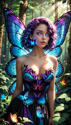 Butterfly girl, breasts, butterfly wings, ledlights, sprnva, Fluorescence, Ultraviolet, lighting, forest