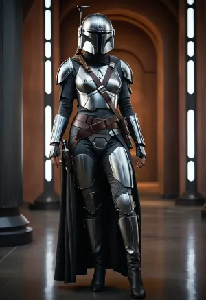 Uber realistic, 8k, ultra detailed, masterpiece, Star wars female, mandalorian, hair with a long braid, grey armor, black belt, black boots, grey mandalorian helmet, full Body Photo in sci fi setting, Future, Star wars, pussy, exposed, (pussy in view), (exposed pussy), (show pussy), bottomless, nude