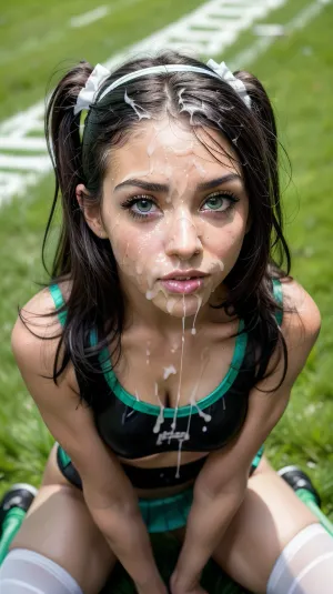 Solo, 1girl, masterpiece, (perfect lighting:1.4), (skinny:1.4), (ultra detailed face:1.4), (ultra high detailed cheerleader outfit:1.4), 8k, (slutty cheerleader outfit in, (black, white, green), , :1.4), (high resolution:1.4), (25 year old cheerleader:1.4), body, 5ft, heavy makeup, black hair, blue eyes, tanned skin, hairband, thigh high socks, (tons of cum:1.4), bukkake, American Football field, outside, grass, <lora:more_details:.5>, <lora:Lgirl-v6_500steps:1>, <lora:facialized:.5>, <lora:cum_b1:.5>, <lora:bukkake_v0.4:1>