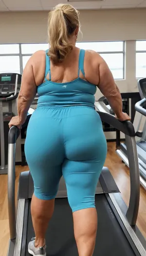 sexy granny mature, sexy 75 years old, dark blonde, ponytail long wave hair, very fat bbw chubby, thick body, wide hips, tight pants, at the gim, workout, walking on a treadmill, very sweaty body, side view, shwoing her back, full body view, huge culottes, big culotes, huge celullite butt, running shorts, celullite legs, sexy back, very sweaty, strong thick calf