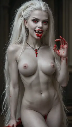 1 girl vampire, (showing long vampire fangs:1.3), bloody hands, (big thick lips:1.1), (blood dripping from mouth:1.3), (small thin face:1.3), (white hair:1.2), (extremely long hairstyle:1.3), (grey skin:1.3), (dimples), (very long thick eyelashes:1.2), (red eyes), (fit body:1.2), collarbones, (multiple big red necklace:1.3), (earrings:1.1), (sexy medium breasts and belly:1.3), (small waist:1), (small erect nipples:1.2), (bubble butt:1.2), (thick thighs:1.6), (long legs:1.3), (multicolour hair:1.2), (beads in hair:1.3), (nude:1.3), (full body view:1.3), (full thigh tribal tattoo:1.3), (piercing:1.2), (perfect eyes:1.4), 8k, vampire castle at night, 512/3000