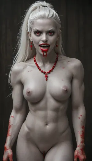 1 girl vampire, (showing long vampire fangs:1.3), bloody hands, (big thick lips:1.1), (blood dripping from mouth:1.3), (small thin face:1.3), (white hair:1.2), (long japanese hairstyle:1.3), (grey skin:1.3), (dimples), (very long thick eyelashes:1.2), (red eyes), (muscle body:1.2), collarbones, (multiple big red necklace:1.3), (earrings:1.1), (sexy medium breasts and belly:1.3), (small waist:1), (small erect nipples:1.2), (bubble butt:1.2), (thick thighs:1.6), (long legs:1.3), (multicolour hair:1.2), (beads in hair:1.3), (nude:1.3), (full body view:1.3), (full thigh tribal tattoo:1.3), (piercing:1.2), (perfect eyes:1.4), 8k, vampire castle at night, 512/3000