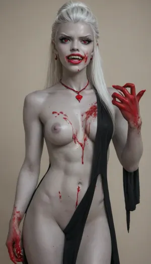 1 girl vampire, (showing sharp vampire fangs:1.3), bloody hands, (blood on body:1.4), (big thick lips:1.1), (long revealing black cloth), (blood dripping from mouth), (small thin face:1.3), (white hair:1.2), (long japanese hairstyle:1.3), (grey skin:1.3), (dimples), (very long thick eyelashes:1.2), (red eyes), (athletic body:1.2), collarbones, (multiple big red necklace:1.3), (earrings:1.1), (sexy medium breasts and belly:1.3), (small waist:1), (small erect nipples:1.2), (bubble butt:1.2), (thick thighs:1.6), (long legs:1.3), (multicolour hair:1.2), (beads in hair:1.3), (nude:1.3), (full body view:1.8), (full thigh tribal tattoo:1.3), (piercing:1.2), (perfect eyes:1.4), 8k, vampire castle at night, 512/3000