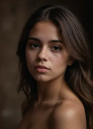portrait of a sexy, cute, (Mexican), girl, (young:1.4), 18 yo, thin, (embarrassed, shy), blushing, distressed, (brown mid hair), perfect eyes, (matte skin details), masterpiece, hyperrealistic photo, best quality, detailed, skin, blemish, (skin spots), brown skin, Latina, naked shoulders, <lora:add-detail-xl:1.5>