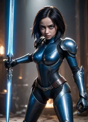 Alita Battle Angel, Berzerk Armor, blue glowing sword, fighting, fierce face expression, very large eyes, highly detailed eyes, full body view from distance, Zoom out