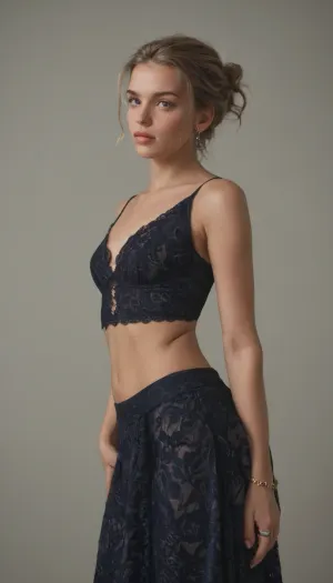 A stunning woman with a slender and toned physique stands confidently in a well-lit bedroom, wearing an elegant sky-blue dress. The dress is asymmetrical, featuring a single shoulder strap that elegantly drapes across her chest. The fabric is ruched and form-fitting, wrapping around her torso and exposing a portion of her toned midriff in a stylish cutout design. The lower half of the dress transitions into a semi-transparent lace material with intricate floral patterns, revealing a glimpse of matching lace fabric beneath. A decorative knot gathers the fabric on her hip, adding a sophisticated touch.

Her golden blonde hair is styled in a chic updo with soft strands framing her symmetrical face. She has high cheekbones, full lips with a subtle pink gloss, and defined eyebrows. Her makeup is natural and radiant, emphasizing her bright eyes and glowing skin. She accessorizes with a delicate gold bracelet on her left wrist, small earrings, and a gold ring on her right hand.