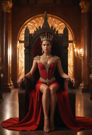 fantasy queen, full body, in throne room.