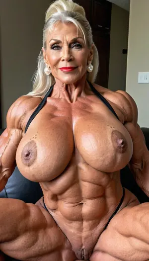 older granny, white highly teased hair, close up face, breast bondage, pearl neckless, marina beaulieu granny, wearing a bathrobe, extremely muscular gilf, with wide muscular shoulders, abs, high muscle definition, very thin fat free skin, massive bodybuilding milf, bulging lips, wide mouth, round big boobs, smile gilf, close up maximum big boobs, black ponytail hair, close up hard muscle stiration, massive hard muscle body, very broad big mouth and lips, naked happy heavy massive muscle woman gilf, standing gilf, smokey eyes, close up body, very big hanging round massive boobs, naked, red lipstick, usa gilf bodybuilding massive legs very muscle stiration, sitting spread pussy from side view in sleeproom, gilf wrinkle face, from side view, uberfit, muscular, athletic, <lora:uberfit_lora_sdxl:.2>, <lora:pyroV4-256:.5>
