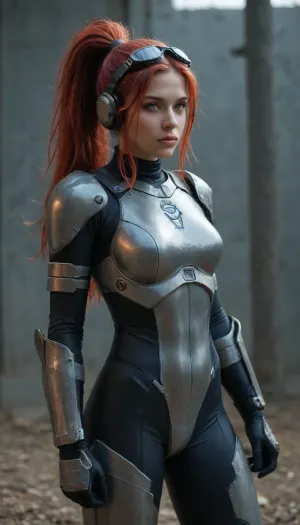 (masterpiece, best quality, ultra-detailed, absurdres, newest, detailed textures, correct anatomy:1), masterpiece, good quality, best quality, very awa, very as2, absurdres, highres, MarvelRivals, semi realistic, cartoon, srahkrrign, long hair, red hair, ponytail, breastplate, shoulder armor, bodysuit, goggles on head, headphones, gloves, skin tight, bracer, boots, cowboy shot, neon trim, glowing, frontal, novastarcraft, <lora:Nova:.5>