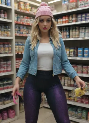 Front view, upskirt view, supermarket, supermarket shemale customer stands in front of shelf with drugstore articles, holding two condom packages in left hand, looking at viewer, tall customer, muscular athletic body, perfectly rounded apple sized sexy ass, (big lateral penis bulge under leggings:1.3), medium sized penis, semi erected penis lays on thigh under leggins, semi erected penis covered by leggings, stunning beautiful face, gorgeous super model face, subtle make up, ful lips, bright red lipstick, blonde hair, (black glitter leggins:1.9), (black leggins:1.3), skintight shiny black leggings, beige camel boots, beige boots, white socks pushed down, jeans jacket, (open jeans jacket:1.3), grey hoodie, jeans jacket over hoodie, hoodie under jeans jacket, (beige pom pom hat:1.3), bobble hat with pom, shiny background, fine art photography lighting, ultra realistic, highly detailed, vivid colors, detailed photo, hdr photo, realistic photo