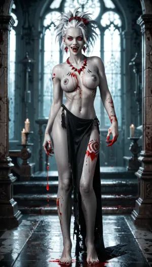 1 vampire girl, showing sharp vampire fangs, bloody hands, blood on body, long revealing black cloth, blood dripping from mouth, white hair, long Japanese hairstyle, gray skin, red eyes, multiple large red necklaces, nude, full body view, tribal tattoo on entire thigh, piercing, vampire castle at night