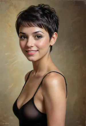 A medium close up portrait Classic academic oil painting depicting smiling ironic 36 yo seductive Spanish Mexican Latino woman, ((Black)), (((pixie haircut))), ((high natural big boobs)), in style by John Singer Sargent, 3/4 shot over the shoulder shot, seamless suntan, volumetric light, dramatic cinematic light, masterpiece, <lora:oil painting:.4>, <lora:great_lighting:.4>