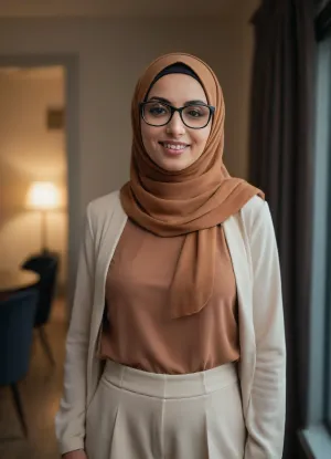 au bureau, femme arabe, 37yo, corps moyen, 5'7", 34D grosse poitrine, pas de maquillage, portant un large chemisier blanc, portant un hijab baige, portant un pantalon noir, cheveux non visible, portant des lunettes, souriante