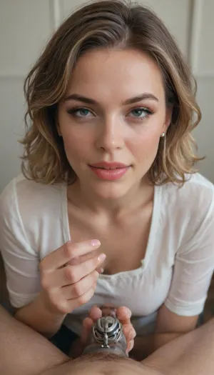 Gorgeous milf teas a man, wicked, wild hair, short hair, loose hair, smirk, grin, cruel mistress, femdom, sexy makeup, lipstick, (wide jaw:1.2), (snub-nosed:1.2), (large full lips:1.3), Penis is locked in chastity cage, Pov, she touch locked penis, (chastity cage:1.3), (locked penis), (flaccid penis:1.3), (flat chastity cage:1.3), (negative chastity cage:1.3), (precum:1.2), ruined orgasm, cum in chastity cage, (plastic chastity cage:1.2), small chastity cage, clothed, sexy outfit