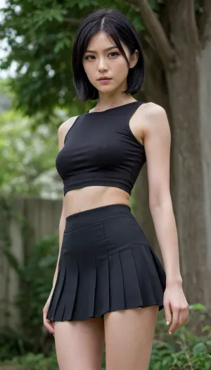 Age 30, slim body, tiny height, Rukia Kuchiki's appearance, a short and petite girl with pale skin, purple eyes and black hair, one strand of which always hangs over her face between her eyes, black miniskirt, (very short), crop top
